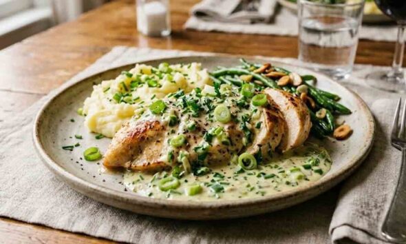 pollo al verdeo con pure mixto